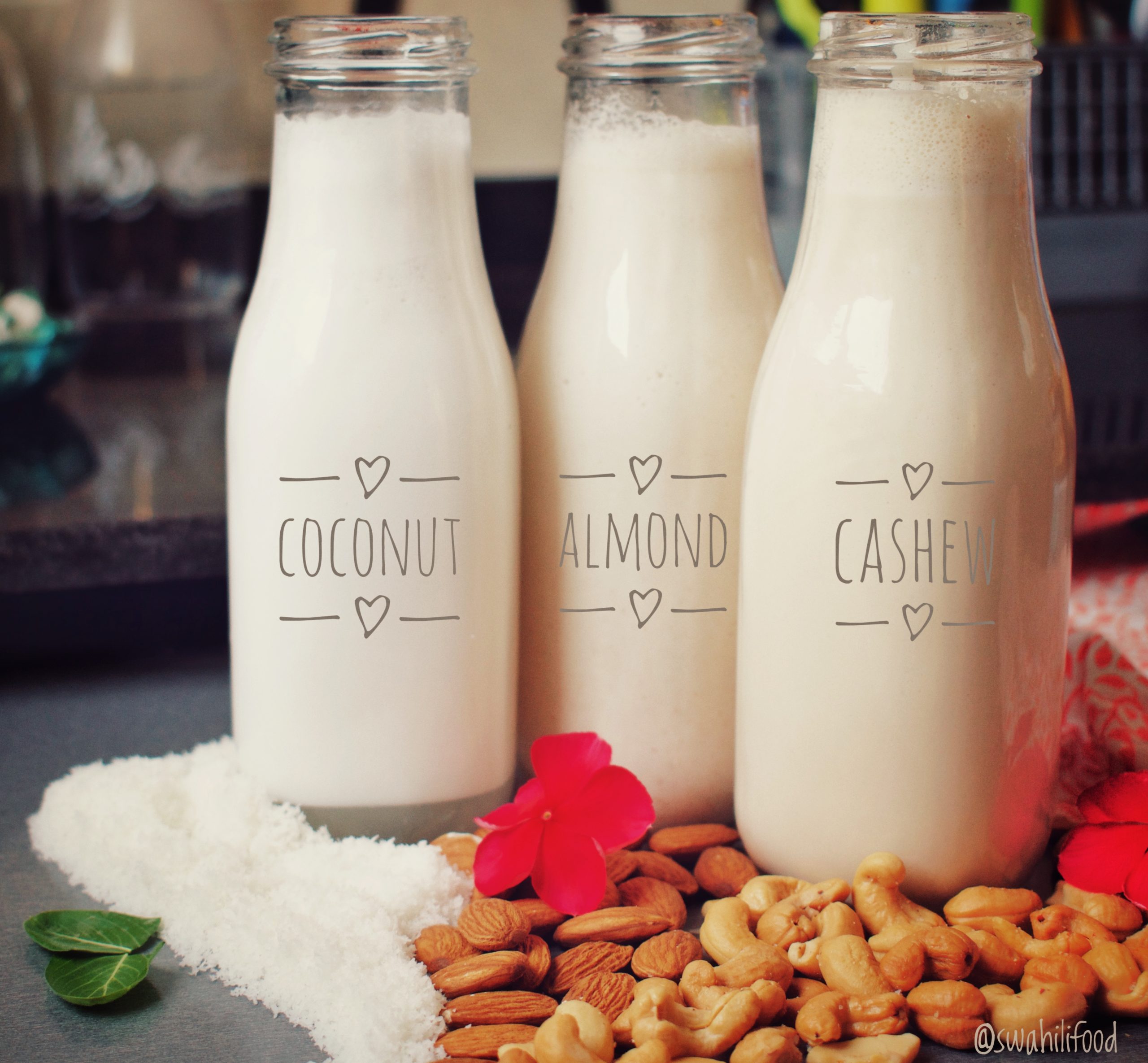 plant milk, cashew milk, almond milk, coconut milk, nut milk, dairy free, glass bottles, almonds, cashews, coconut,