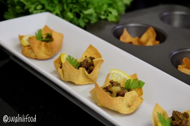 samosa cups, samosa, minced meat recipes, canapes, hors deuvre recipes, white plate, coriander, muffin tin