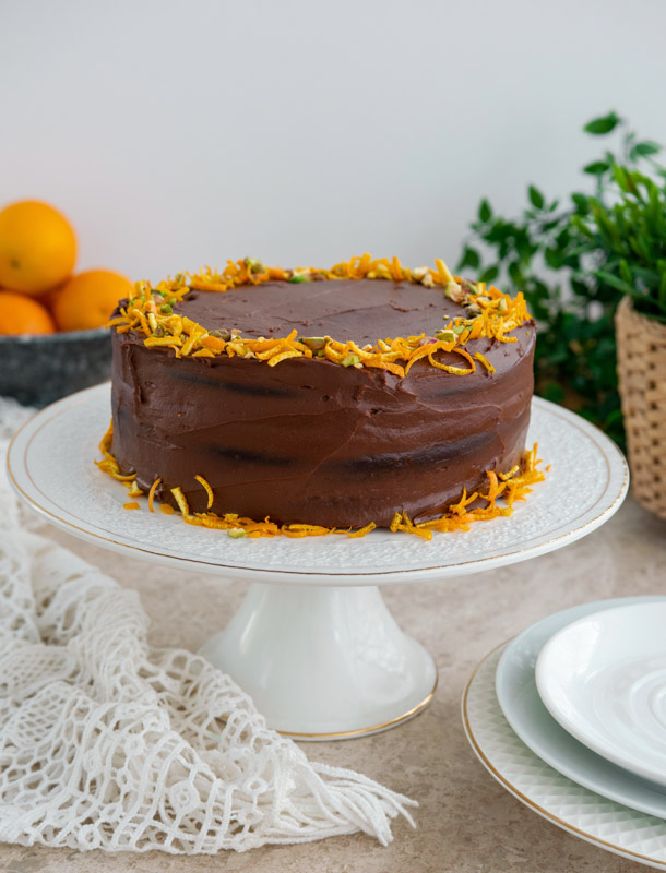 chocolate orange cake white cake stand, white crotchet